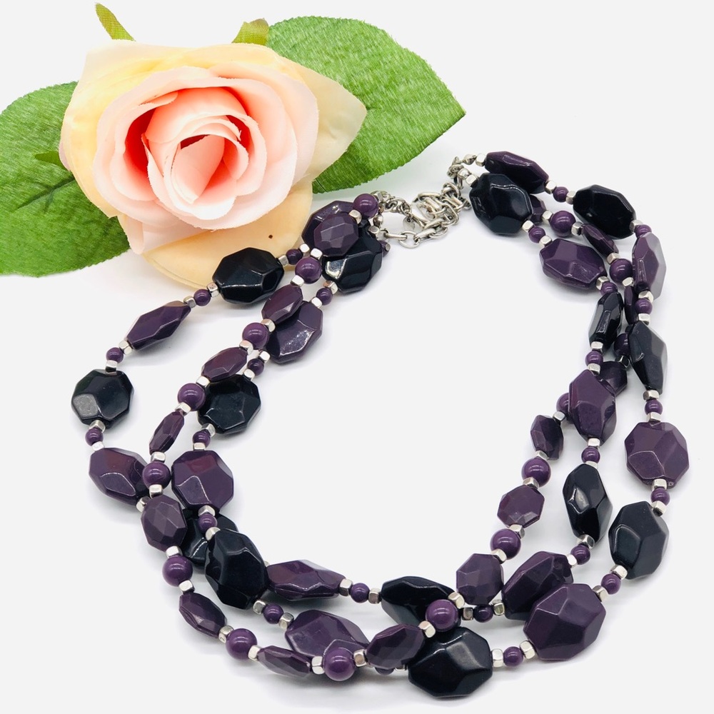 Triple Stranded Purple Beaded Sleek Necklace - Picture 4 of 8